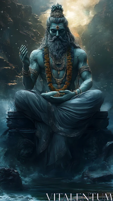 Stormborne sage in cerulean calm above churning waters.