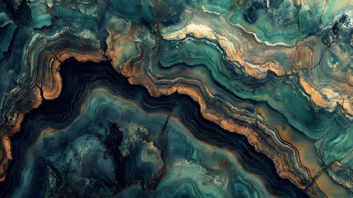 Abstract marble texture with teal and gold swirling layers, modern art.