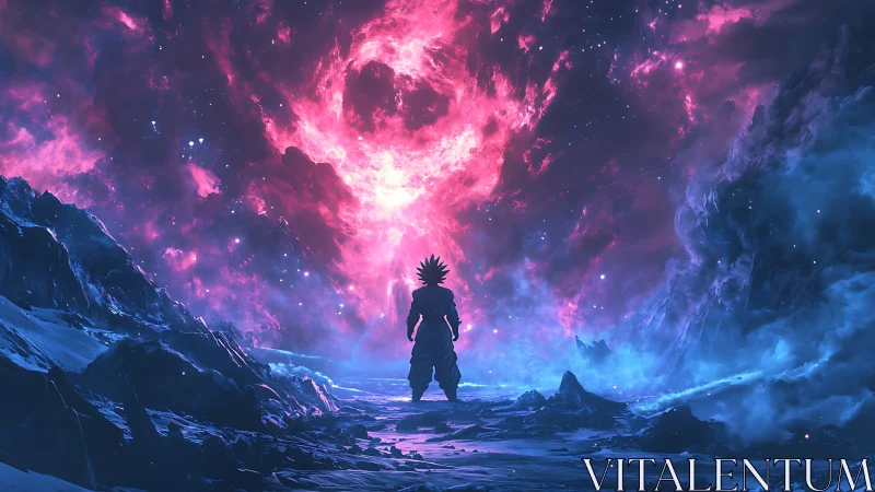 Silhouetted warrior under vivid cosmic nebula sky.