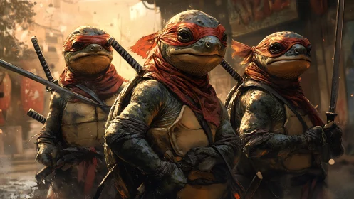 Streetwise turtle warriors stride through the ember-lit city.