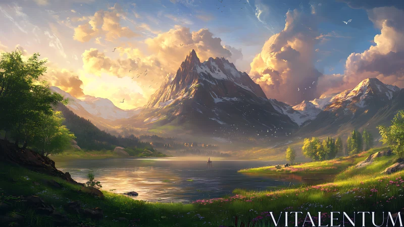 Sunlit mountain lake where quiet clouds drift and glow.