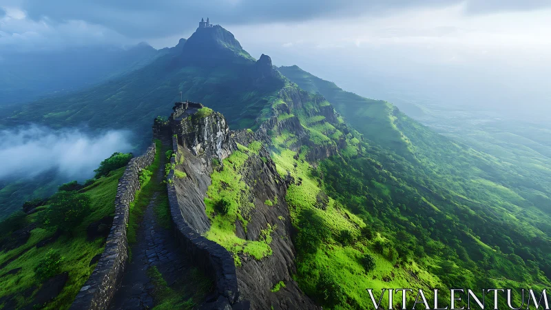Mountain fort wall over green ridge in morning mist.
