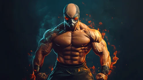 Masked muscular fighter stands amid glowing orange flames