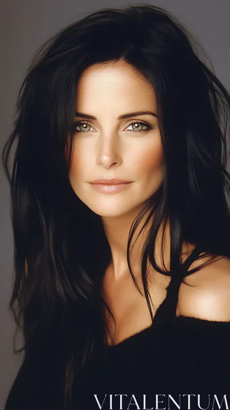 Woman with dark hair gazes forward under soft studio light
