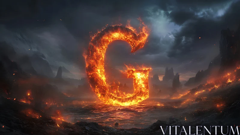 Massive flaming letter G dominates apocalyptic landscape with fire