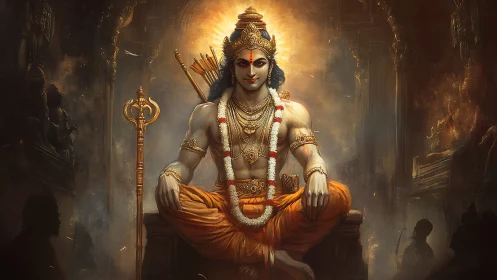 Seated mythic warrior figure in ornate temple interior setting.