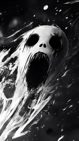 Ghostly scream in swirling monochrome liquid shadows.