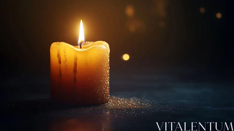Golden Paraffin Candle with Lit Flame and Crystalline Texture