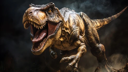 Roaring T. rex charging through smoke in dramatic light.