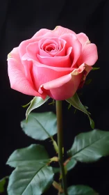 Single pink rose in sharp focus on dark black background.