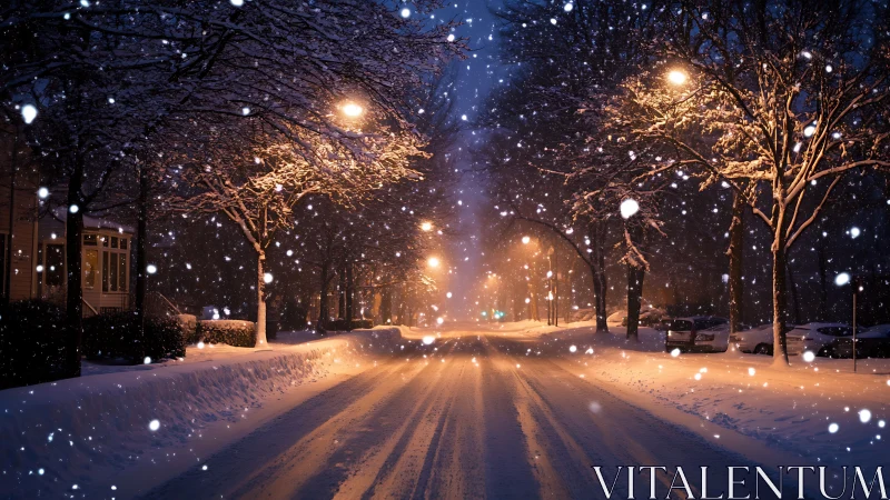 Snow covered city street under warm night streetlights.