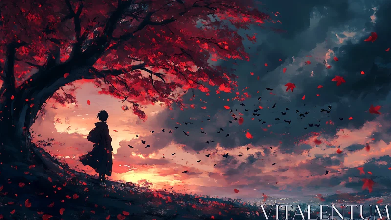 Solitary wanderer savors a crimson sunset beneath whispering leaves