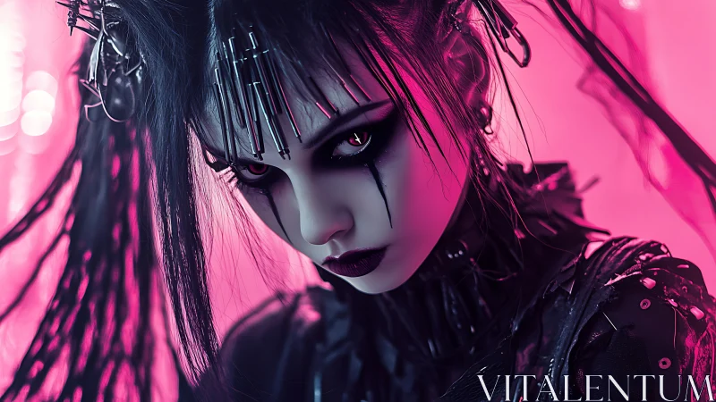 Neon goth huntress gazes through spiked cyberpunk twilight.