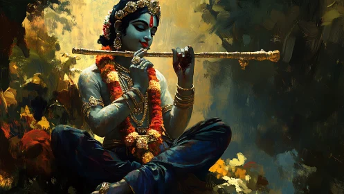 Divine flute player bathes the forest in luminous devotion.