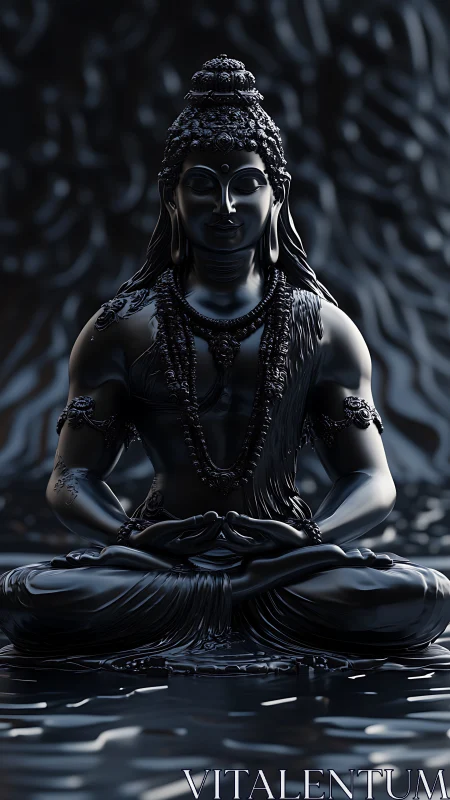 Black metal buddha statue sits in meditative lotus pose