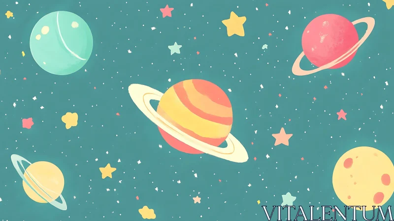 Chromatic exoplanet array with stylized ringed gas giants.