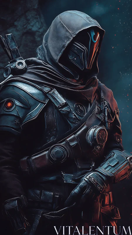 Hooded cybernetic ranger in glowing ember-lit armor.