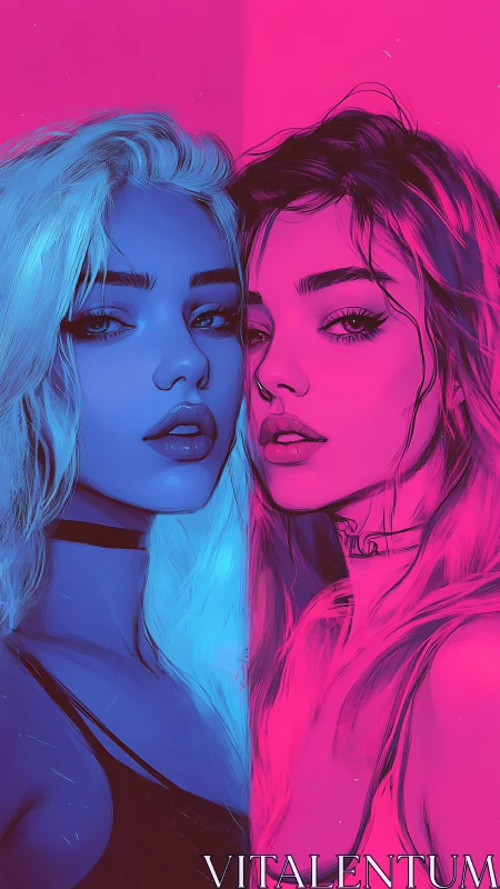 Neon twin muses split by electric cyan and magenta glow.