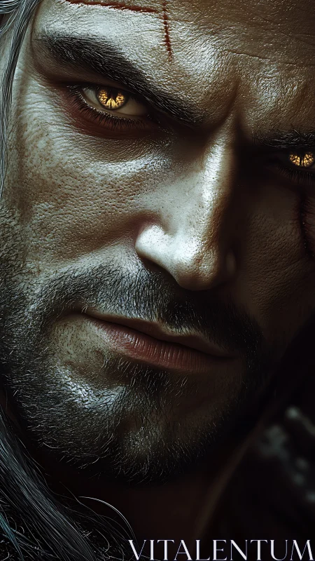 Photorealistic warrior close-up with scarred, dramatic lighting.