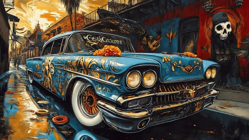 Lowrider hearse cruises neon alley with Día de Muertos art.
