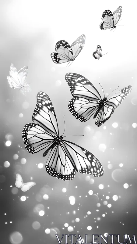 Monochrome butterflies drifting through glowing bokeh field.