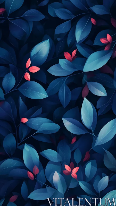 Moody blue foliage pattern glows with soft crimson accents