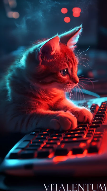 Neon Cat at Gaming Terminal: Cyberpunk Digital Composition.