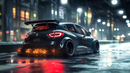 Tuned hatchback emits neon exhaust in rain-soaked night street