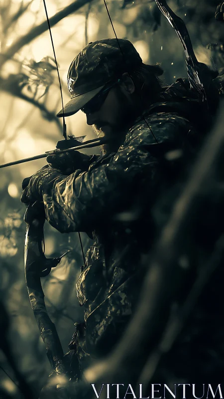Camouflaged bowhunter draws arrow in misty forest light