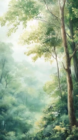 Misty Forest Canopy with Tall Trees.