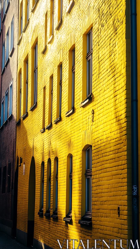 Sunlit yellow brick facade glowing along a quiet city lane.