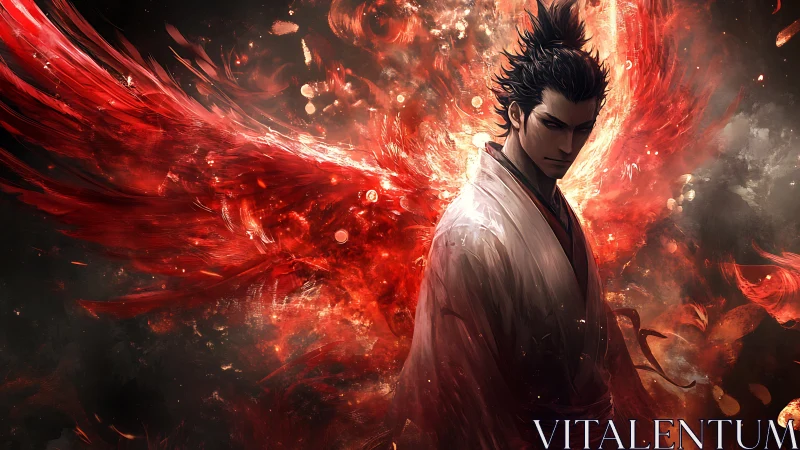 Crimson winged warrior stands calm amid swirling phoenix fire