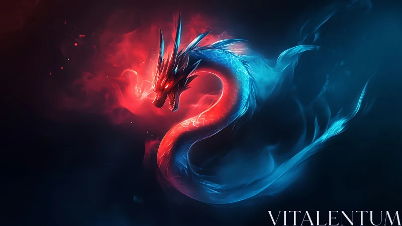 Bicolor spectral dragon coiled in luminous nebular smoke.