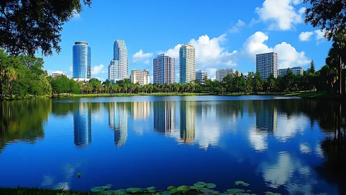 Lakeside city skyline basking in bright blue reflections.