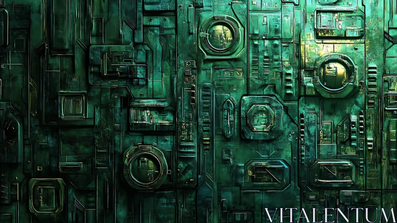 Emerald cybernetic circuit wall with geometric panels.