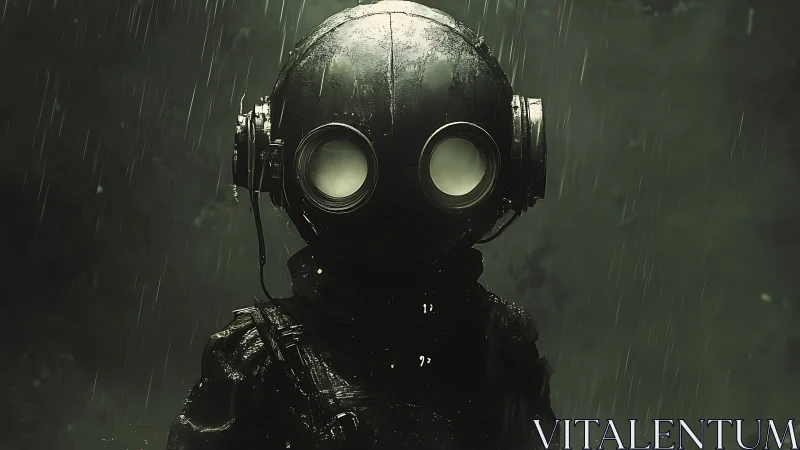 Cinematic diver helmet portrait in rain-soaked chiaroscuro lighting.