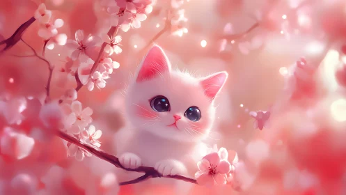 White feline seated among pink blossoms with neutral background.