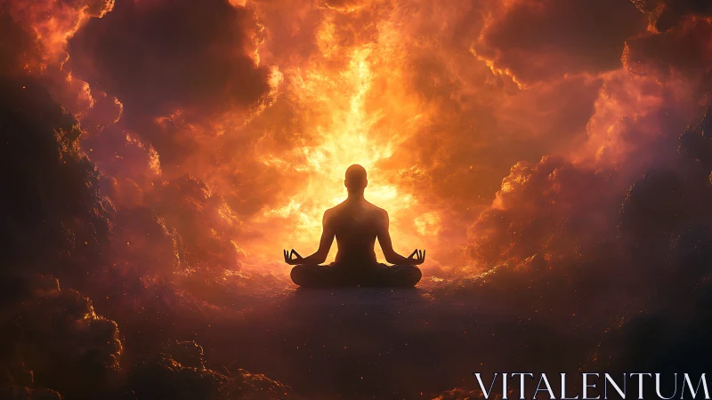 Silhouetted meditator aligns with radiant cosmic vortex glow