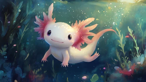 Smiling axolotl swims underwater among plants and bubbles