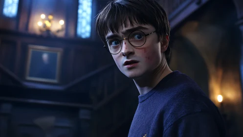 Young wizard startled in dimly lit gothic corridor scene.