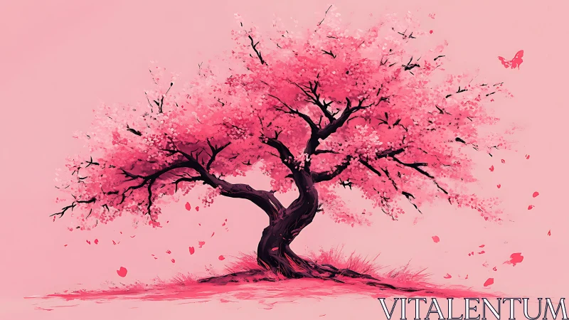 Twin-hearted cherry tree leans into a storm of pink petals