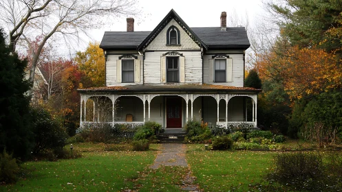 Victorian two story house with wraparound porch in autumn