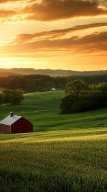 Sunlit hills cradle a quiet red barn beneath molten sky.