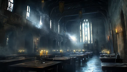 Candlelit medieval hall glowing with soft, mysterious light.
