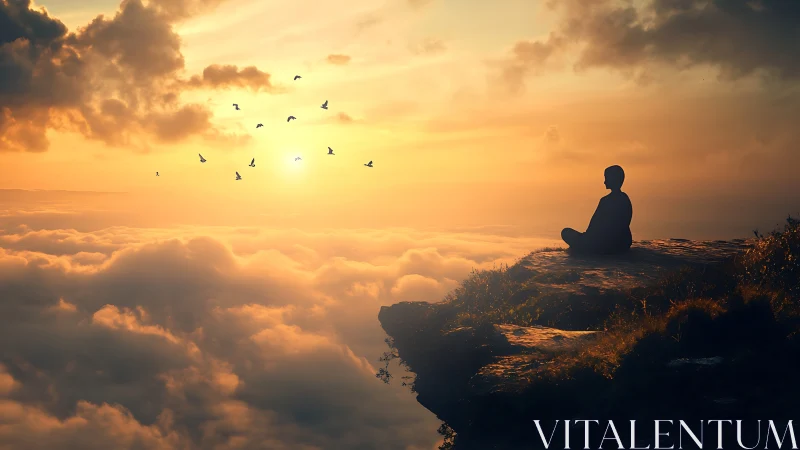 Meditative silhouette on cloudline cliff under stratified dawn.