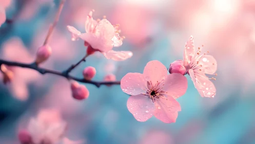 Macro cherry blossoms with pastel bokeh and dewy petals.
