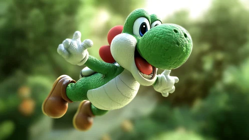 Textured green dinosaur in dynamic aerial 3D motion frame.