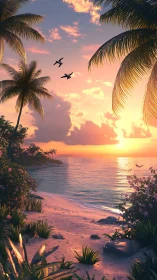 Tropical littoral sunset with volumetric lighting gradients.