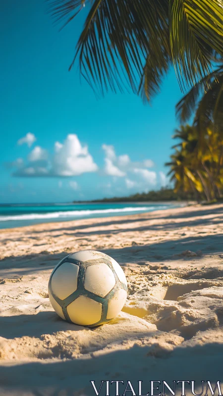 Weathered soccer ball rests on sunlit tropical beach sand