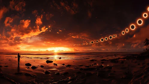 Coastal silhouette under sequential eclipse rings at sunset.